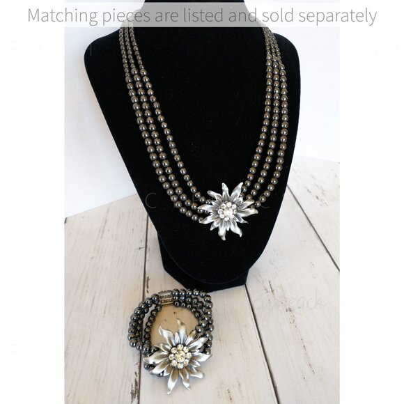 Handmade Floral Beaded Necklace Hematite Triple Layer Corsage Jewelry Whimsigoth - Picture 10 of 11